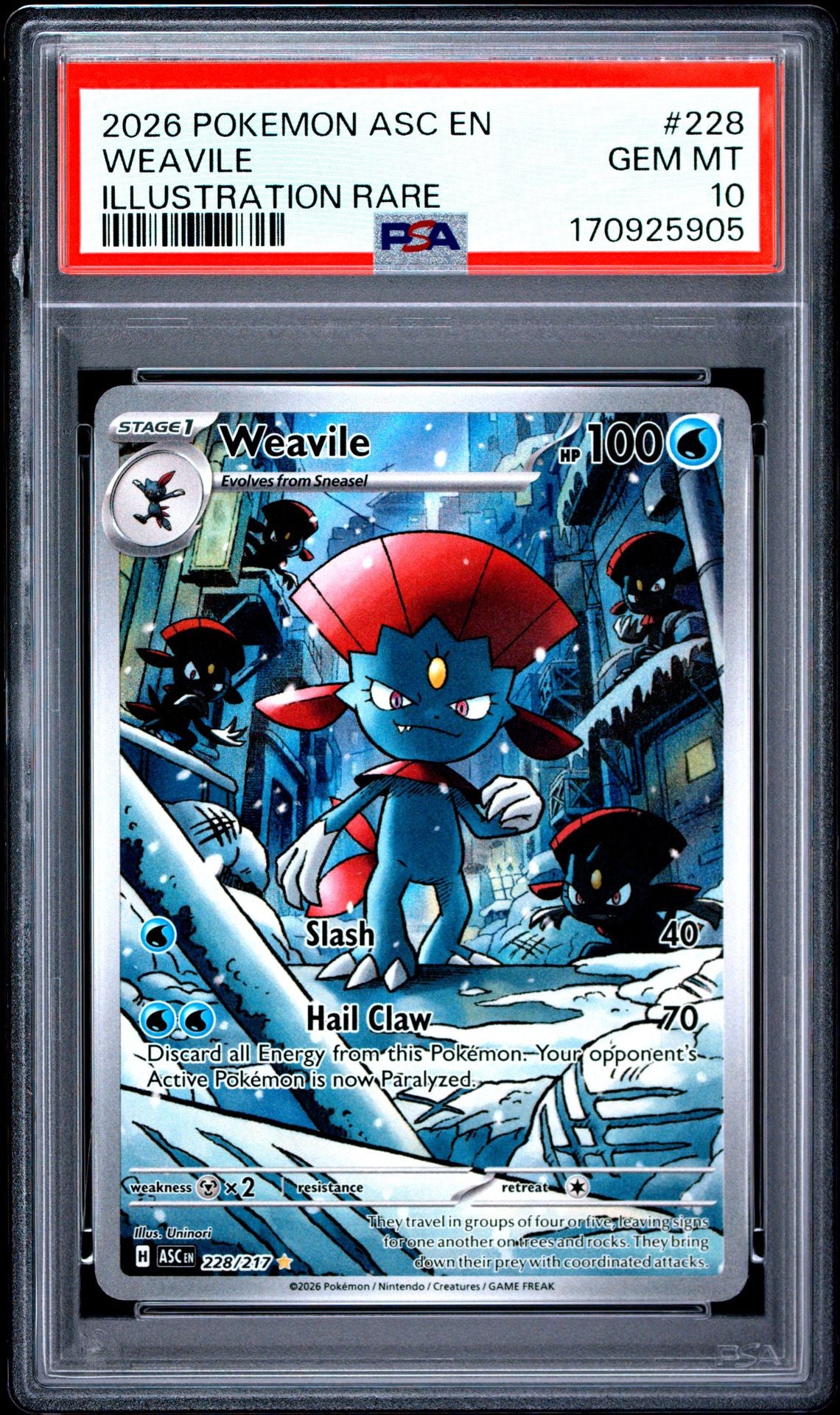 Weavile Pokemon Card (Ascended Heroes 228/217) Illustration Rare GEM MINT PSA 10