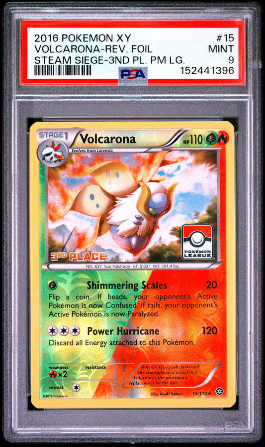 Volcarona Reverse Foil Pokemon Card (3rd Place Pokemon League 15/114) MINT PSA 9