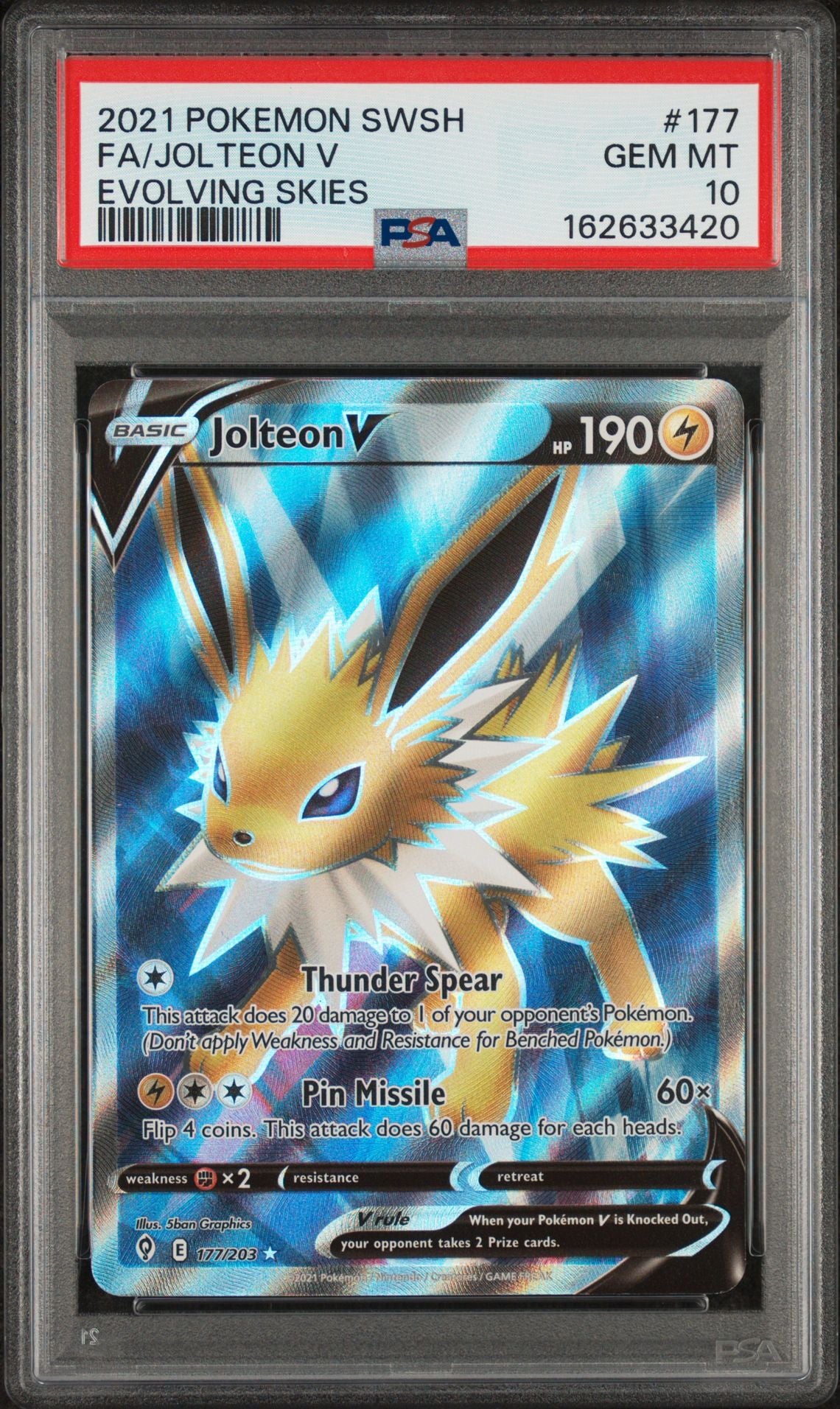 Jolteon V Pokemon Card (Evolving Skies 177/203) Full Art GEM MINT PSA 10